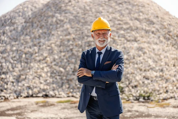 Happy Proud Successful Senior Businessman Stands Construction Site Arms Crossed — Stock Photo, Image