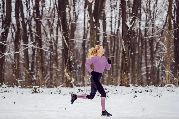 Fast Sportswoman Warm Sportswear Running Woods Snow Nature Winter Cardio — Foto Stock