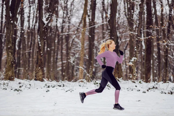 Sportowiec Ciepłej Odzieży Sportowej Biegający Zimą Lesie Śniegu Łonie Natury — Zdjęcie stockowe