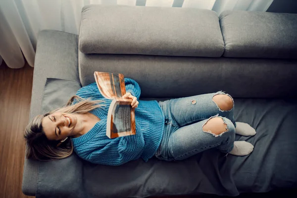 Top View Happy Woman Reading Interesting Book Her Comfortable Home — Stock Photo, Image