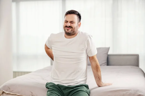 Morning Man Having Back Pain Bedroom — Stock Photo, Image