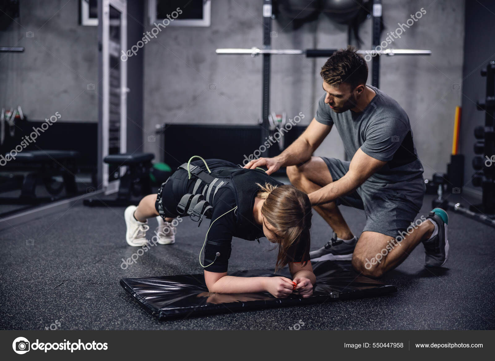 Woman Black Ems Training Suit Laying Plank Position Her Elbows