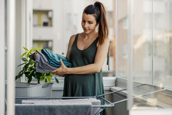 Household Chores Pregnant Women Woman Puts Towels Drying Them Terrace — Stock Photo, Image