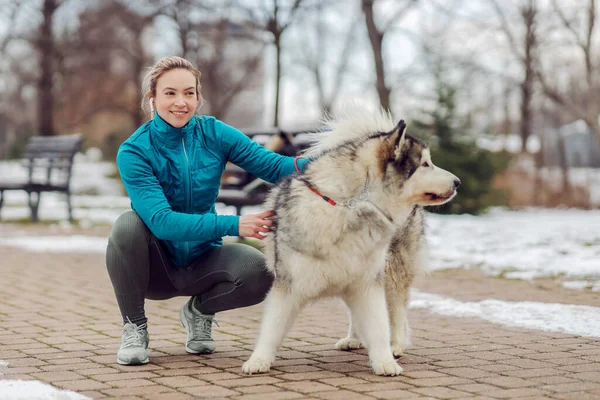 Sportswoman Ajuste Foi Para Passeio Com Seu Cão Tempo Nevado — Fotografia de Stock