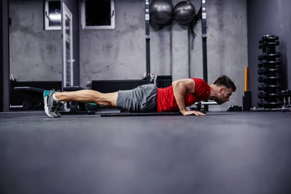 Strength Perseverance Handsome Attractive Man Does Demanding Exercises Arms Shoulders Stock Image