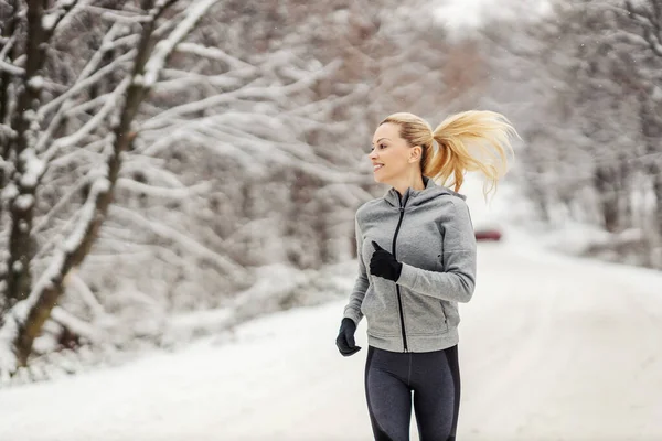 Happy Sportswoman Jogging Snowy Path Woods Winter Healthy Lifestyle Winter — Stock Photo, Image
