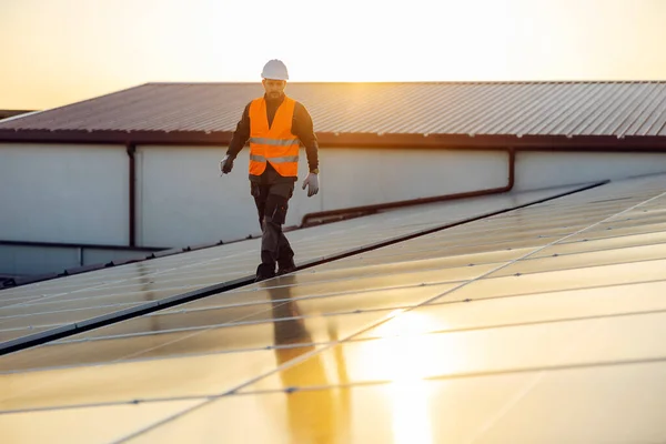 Reparador Caminando Por Techo Comprobando Los Paneles Solares —  Fotos de Stock