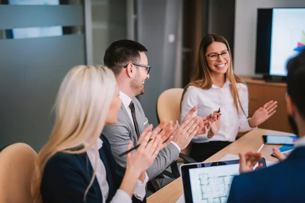 Satisfied Entrepreneurs Clapping Colleague Meeting Boardroom — Stock Photo, Image