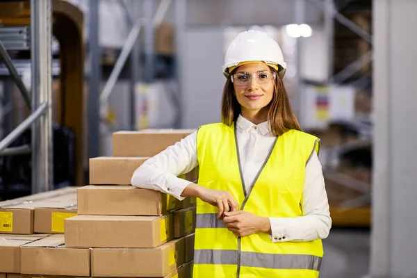 Warehouse Supervisor Standing Next Delivery Boxes Smiling Camera — Stock Photo, Image