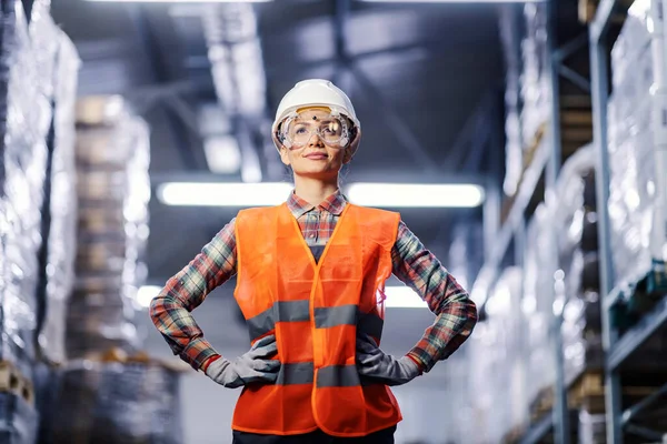 Kvinnlig Lagerarbetare Som Står Med Händerna Höfterna — Stockfoto