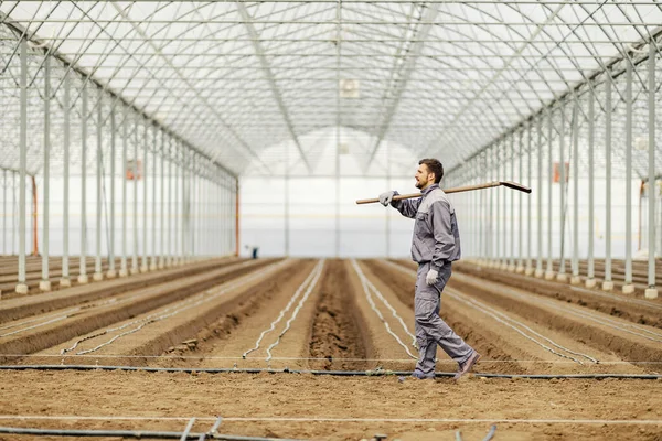 一个农业工人要在温室里耕作土壤 — 图库照片