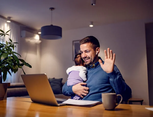 Young Father Entrepreneur Having Video Call Laptop Home — Stock Photo, Image