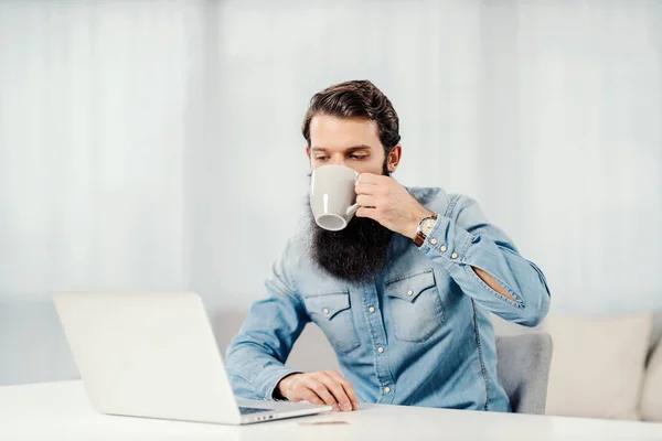 Empresário Barbudo Bebendo Seu Café Olhando Para Laptop Casa — Fotografia de Stock