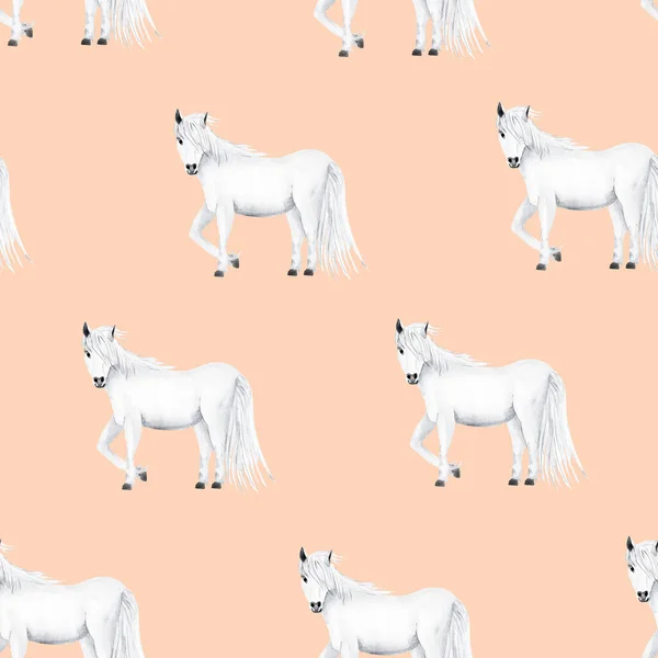 Chevaux Blancs Sur Fond Rose Motif Aquarelle Sans Couture Modèle — Photo