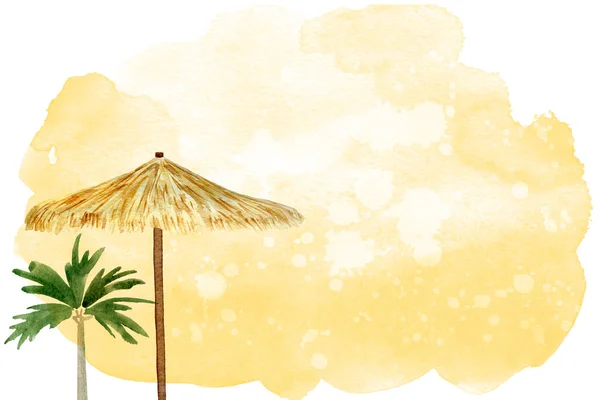Strand Paraplu Palmboom Aquarel Achtergrond Model Voor Het Decoreren Van — Stockfoto