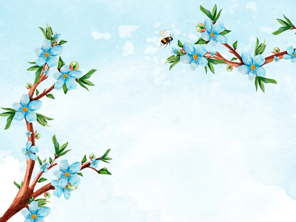 Blue Flowers Twigs Background Watercolor Splashes Template Decorating Designs Illustrations — Stock Photo, Image