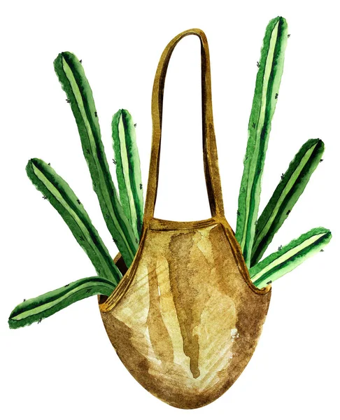 Τσάντα Λινάτσα Cactus Ακουαρέλα Μεμονωμένα Στοιχεία Πρότυπο Διακόσμησης Σχεδίων Και — Φωτογραφία Αρχείου