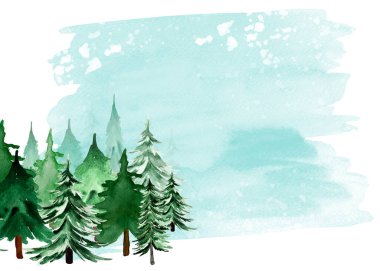 Mavi gökyüzü suluboya arka planına karşı yoğun orman. Tasarım ve çizimler için şablon.