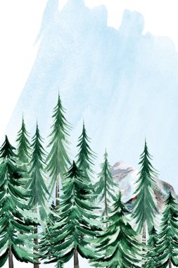 Orman çalılıkları ve dağlar suluboya lekeler. Tasarım ve çizimler için şablon.