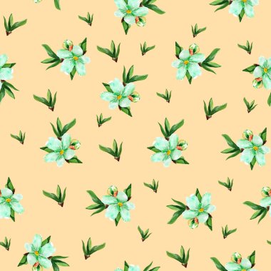 Ağaç dalındaki yeşil çiçekler suluboya desenli. Tasarım ve çizimler için şablon.