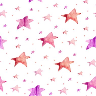 Pembe yıldızlar dikişsiz suluboya desen. Tasarım ve çizimler için şablon.