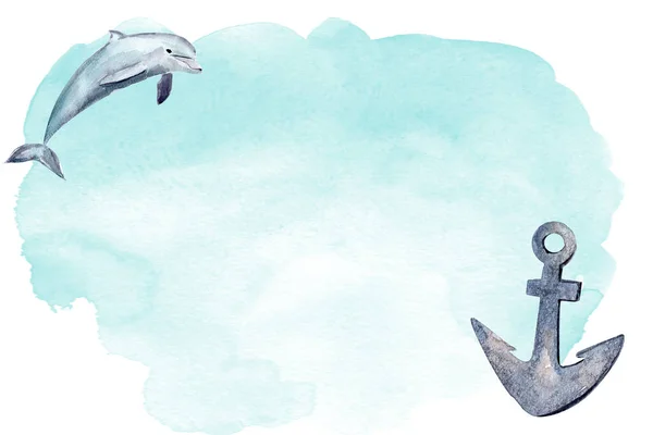 Delfín Kotva Akvarel Modré Pozadí Šablona Pro Zdobení Návrhů Ilustrací — Stock fotografie