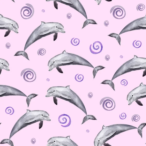 Golfinhos Espirais Padrão Sem Costura Aquarela Modelo Para Decorar Desenhos — Fotografia de Stock