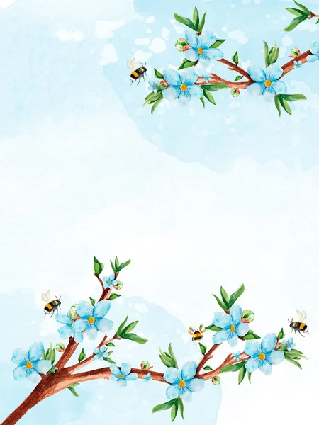 Flowering Trees Vertical Background Blue Watercolor Splashes Template Decorating Designs — Stock Photo, Image