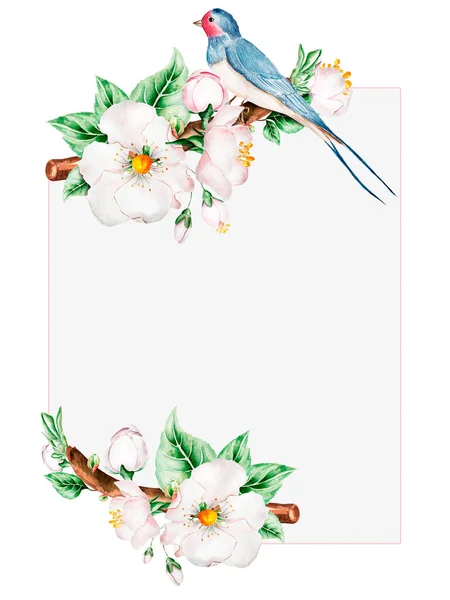 Keret Akvarell Gallyak Virágokkal Tervezési Minták Illusztrációk Mintája — Stock Fotó