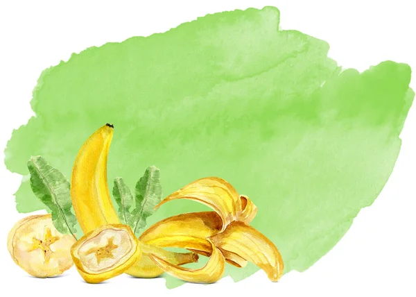 Rahmen Mit Bananen Collage Auf Grünem Aquarell Hintergrund Vorlage Zum — Stockfoto