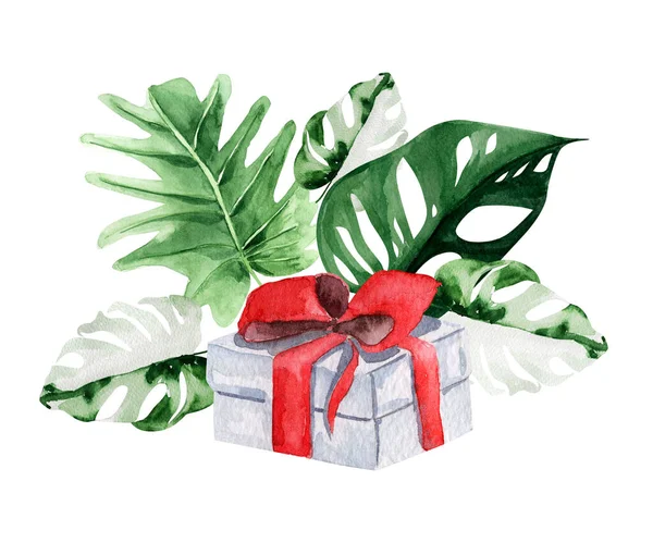 Caixa Presente Com Folhas Tropicais Ilustração Aquarela Modelo Para Decorar — Fotografia de Stock