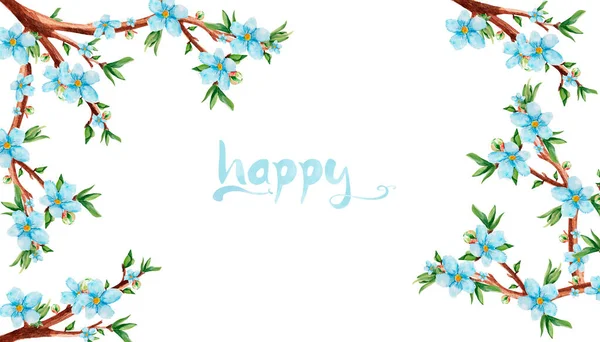 Meghívó Keret Kék Virágok Ágak Egy Lombhullató Erdei Akvarell Díszítőelemek — Stock Fotó