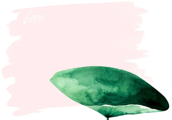 Blatt Einer Seerose Auf Dem Hintergrund Einer Rosafarbenen Aquarell Fleckpostkarte — Stockfoto