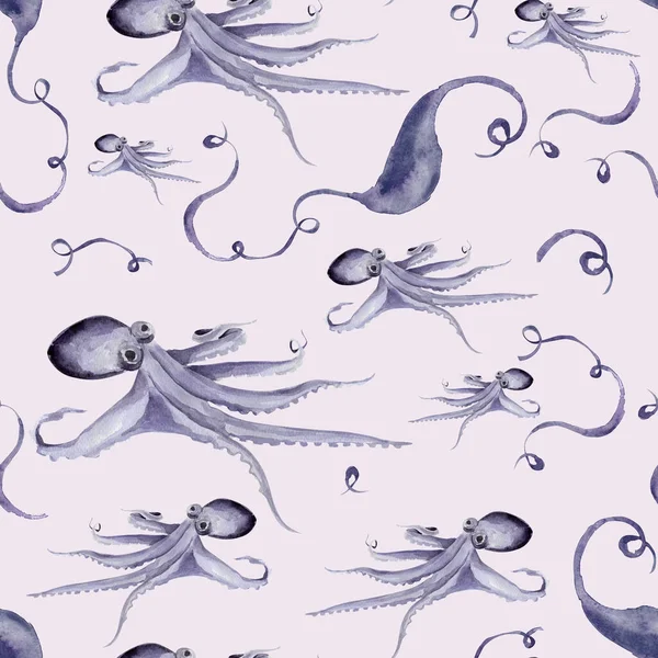 Octopuses at the bottom of the sea watercolor seamless pattern. Template for decorating designs and illustrations.