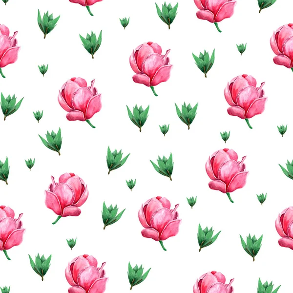 粉红色的木兰花之间的绿色叶子水彩画无缝图案 装饰设计和插图模板 — 图库照片