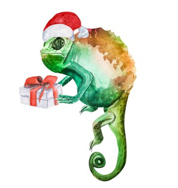 Hediye suluboya resimli Noel Baba bukalemunu. Tasarım ve çizimler için şablon.
