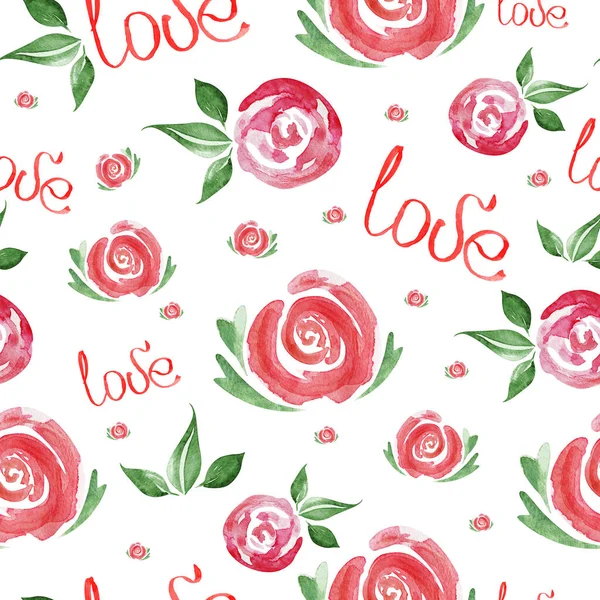 Roses Handwritten Love Watercolor Seamless Pattern Template Decorating Designs Illustrations — Stock Photo, Image