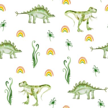 Yaprakların arasındaki Tyrannosaurus suluboya desensiz. Tasarım ve çizimler için şablon.