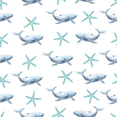 Balina ve denizyıldızı suluboya desenli. Tasarım ve çizimler için şablon.