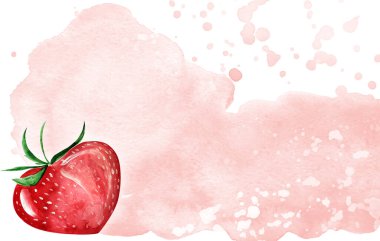 Çilekli suluboya pembe arkaplan. Tasarım ve çizimler için şablon.