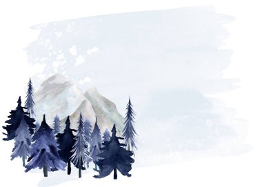 Kış ormanı ve dağlar mavi gökyüzüne karşı suluboya arka plan. Tasarım ve çizimler için şablon.