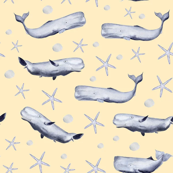 Baleias Aquarela Sem Costura Padrão Modelo Para Decorar Desenhos Ilustrações — Fotografia de Stock