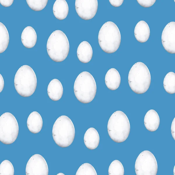 青い背景の水彩シームレスなパターン上の白い卵 デザインやイラストを飾るためのテンプレート — ストック写真