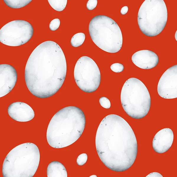 Ovos Brancos Fundo Vermelho Aquarela Sem Costura Padrão Modelo Para — Fotografia de Stock
