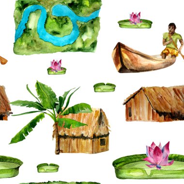 Amazon ormanlarında suluboya desensiz bir teknede yelken açan bir çocuk. Tasarım ve çizimler için şablon.