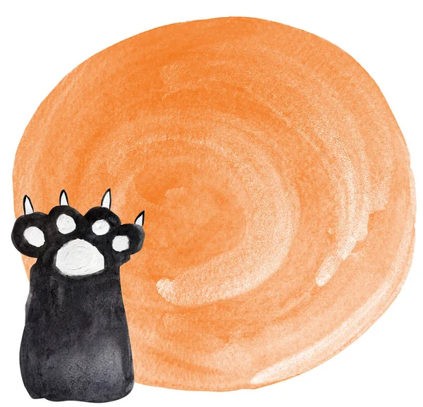 猫的爪子 有爪在橙色斑点水彩画背景 装饰设计和插图模板 — 图库照片