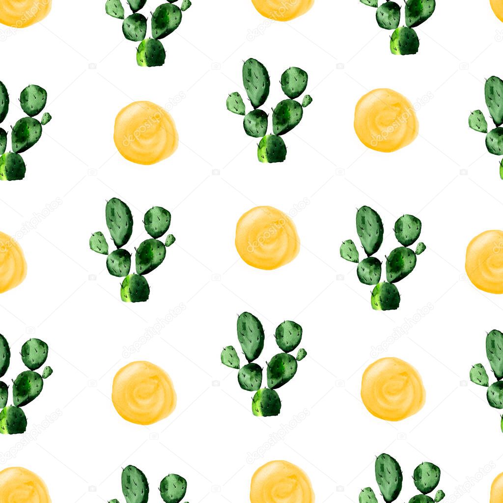 Cactus and sun in the desert watercolor seamless pattern. Template for decorating designs and illustrations.