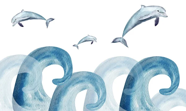 Delfíni Mezi Vlnami Akvarel Šablona Pro Zdobení Návrhů Ilustrací — Stock fotografie