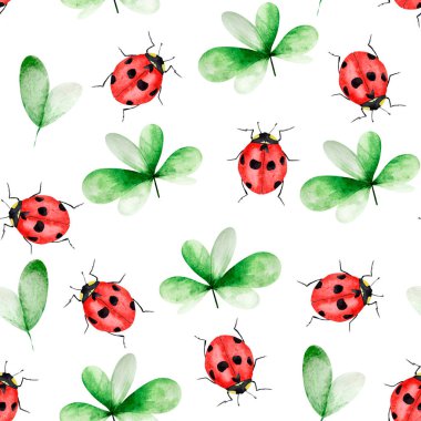 Yonca yaprakları ve siyah lekeli kırmızı böcek suluboya desensiz. Tasarım ve çizimler için şablon.