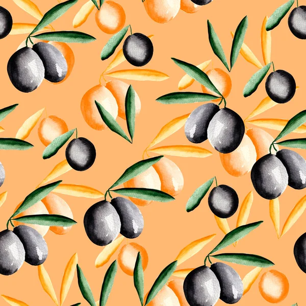 Μαύρες Ελιές Φύλλα Πορτοκαλί Υδατογραφία Χωρίς Ραφή Μοτίβο Πρότυπο Διακόσμησης — Φωτογραφία Αρχείου